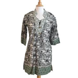 Cotton V-Neck Tunic/Kaftan Geometric Print Pakistan Stamp Print, Size XS